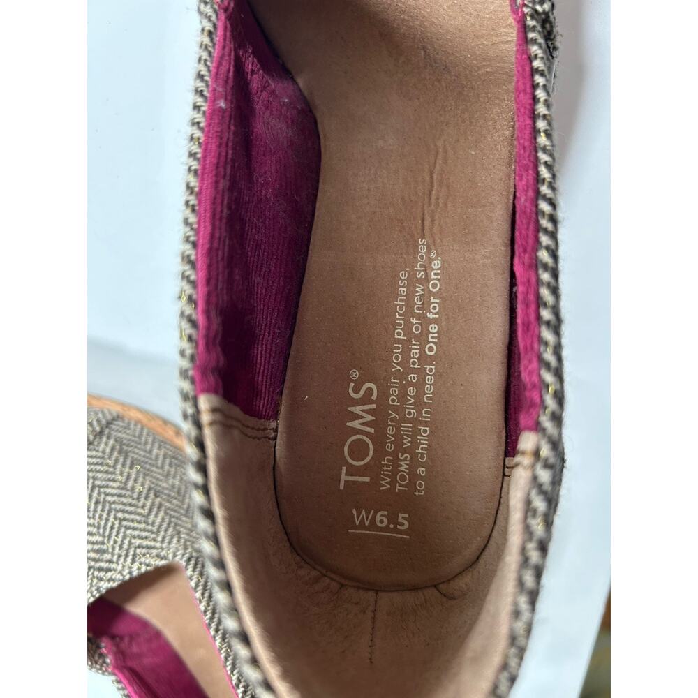 Toms Tweed Herringbone Brown Tan Peep Toe Cork Wedge Heel Women’s Size 6.5 - Picture 8 of 8